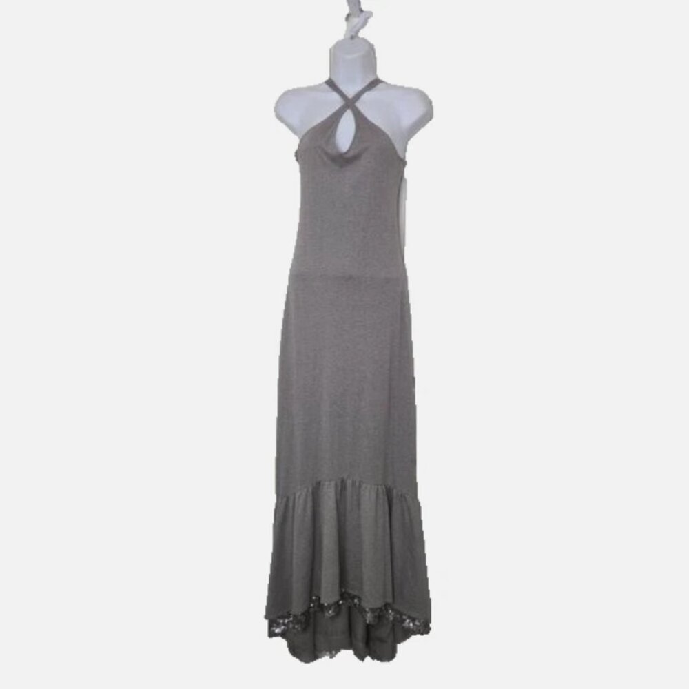 Banana Republic Gray XS Maxi Dress Ruffle High Low Cotton Modal Rhinestone - Picture 8 of 9
